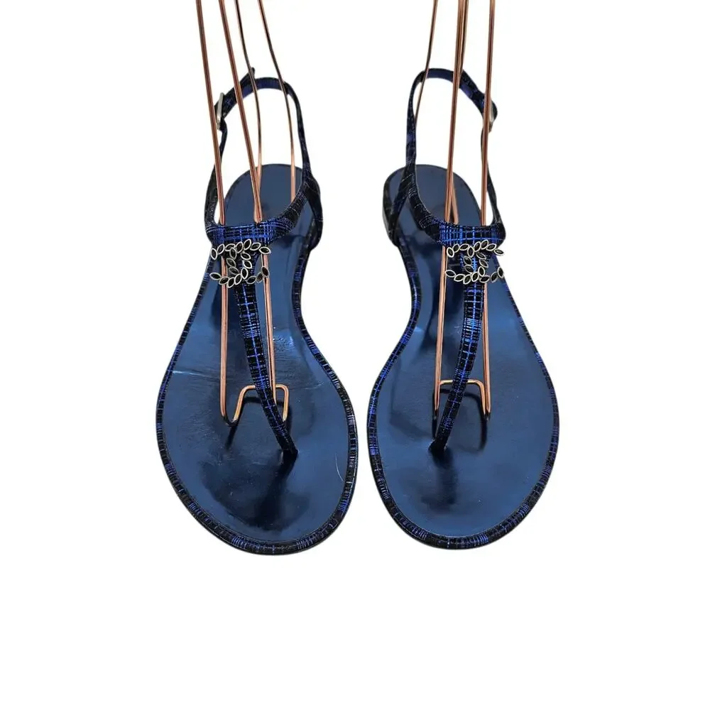 Chanel CC Flat Thong T Strap Sandal Blue Leather Black Silver Size 40 C US 9 9.5